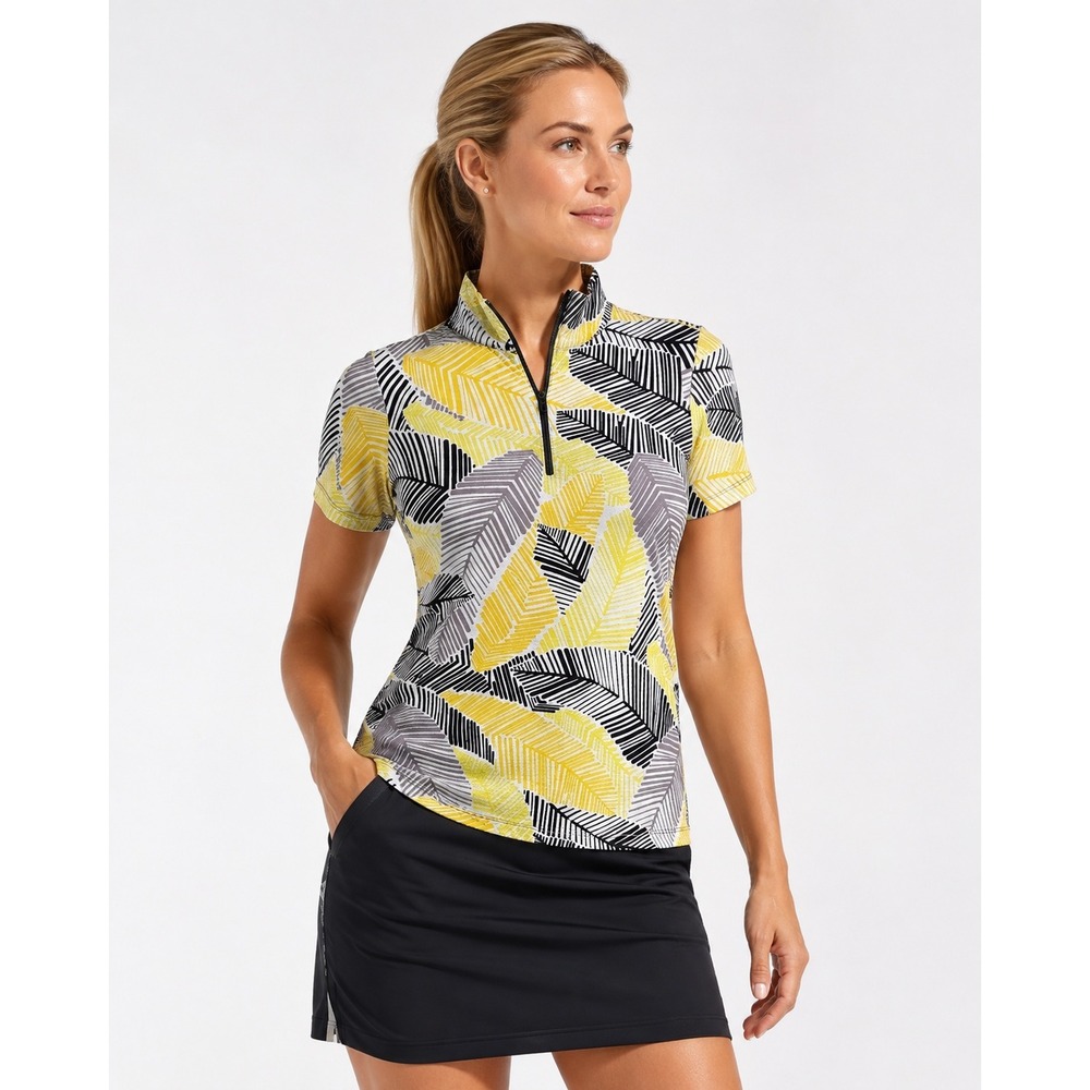 IBKÜL Womens Yellow Tropical Leaf Print Quarter Zip IceFil Cooling Golf Top S